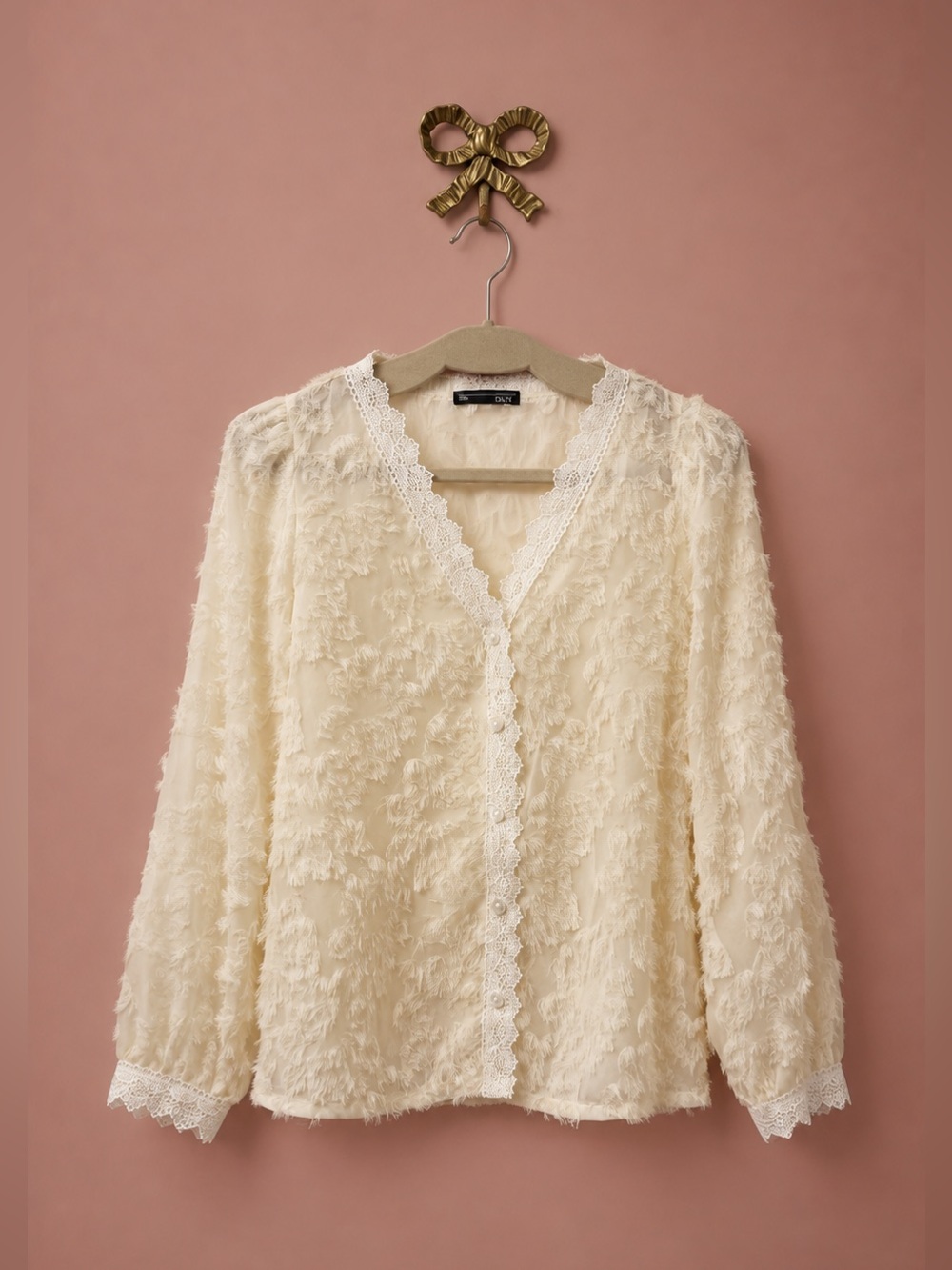Ivory Lace-Trim Textured Cardigan Sweater